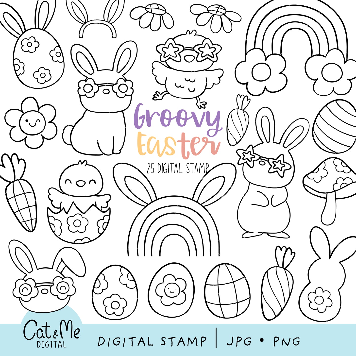 Groovy easter digital stamp Doodle outline coloring