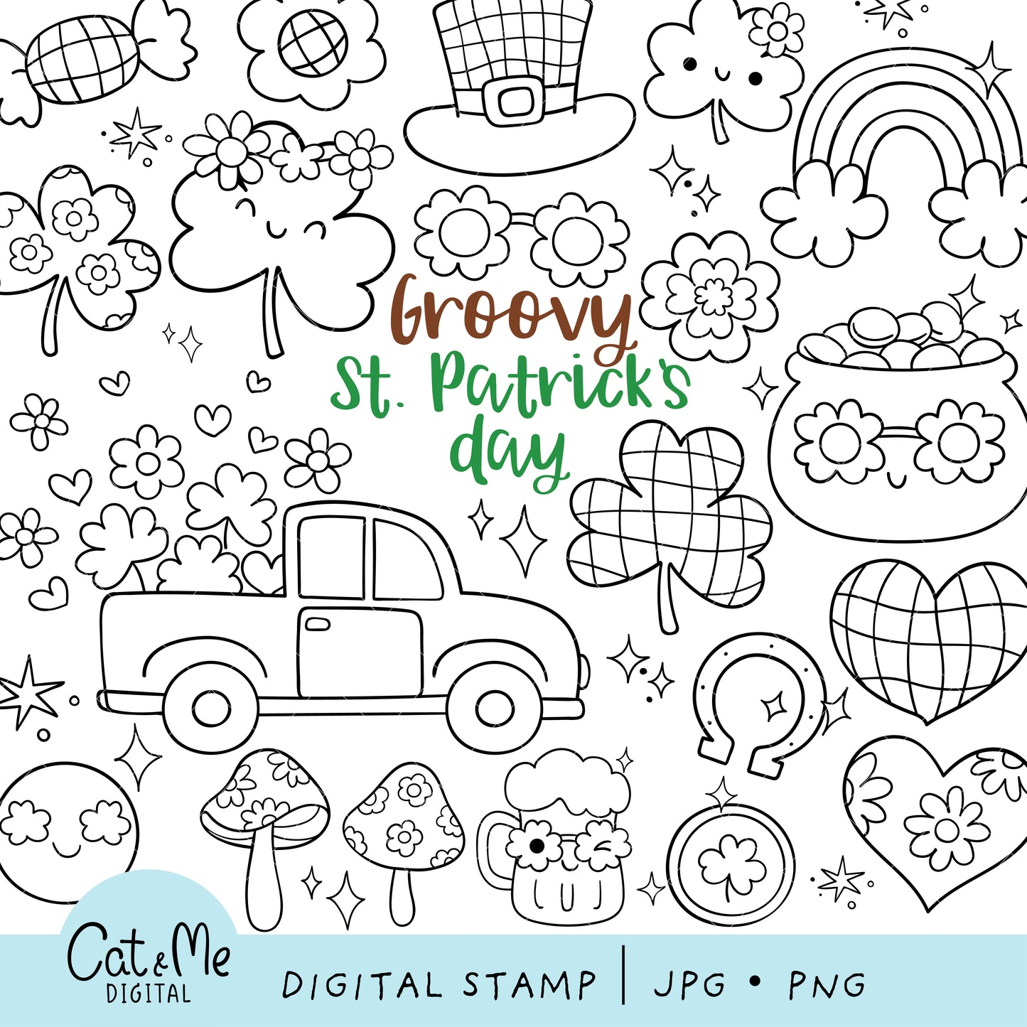 Groovy retro St. patrick's day digital stamp Doodle outline coloring