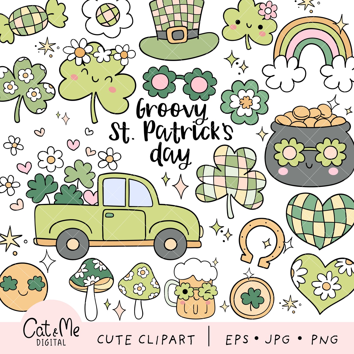 Groovy retro St. patrick's day Retro St Patricks clipart