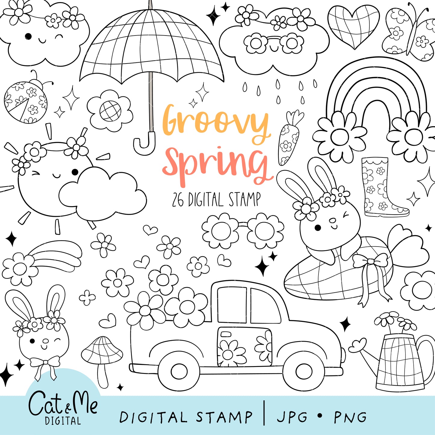 Groovy spring digital stamp Doodle outline coloring