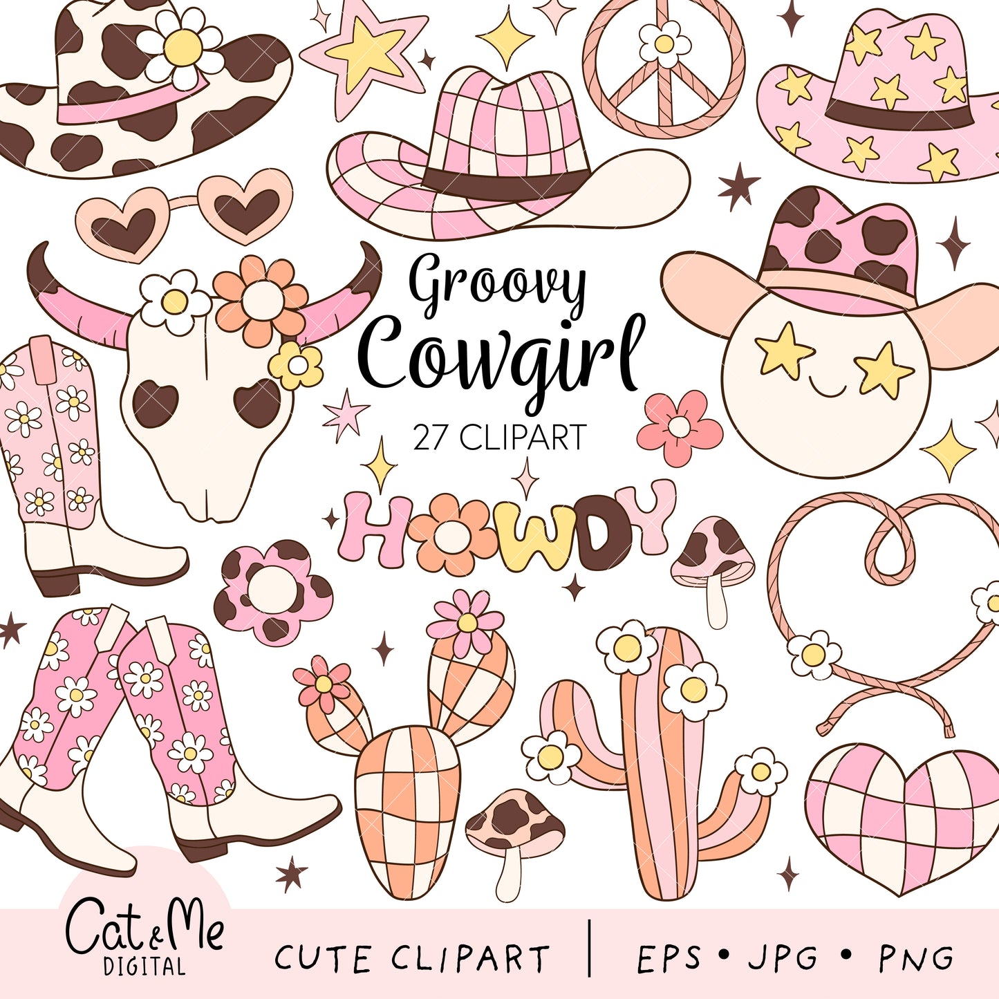 Groovy cowgirl clipart Wild west clipart Retro cowgirl