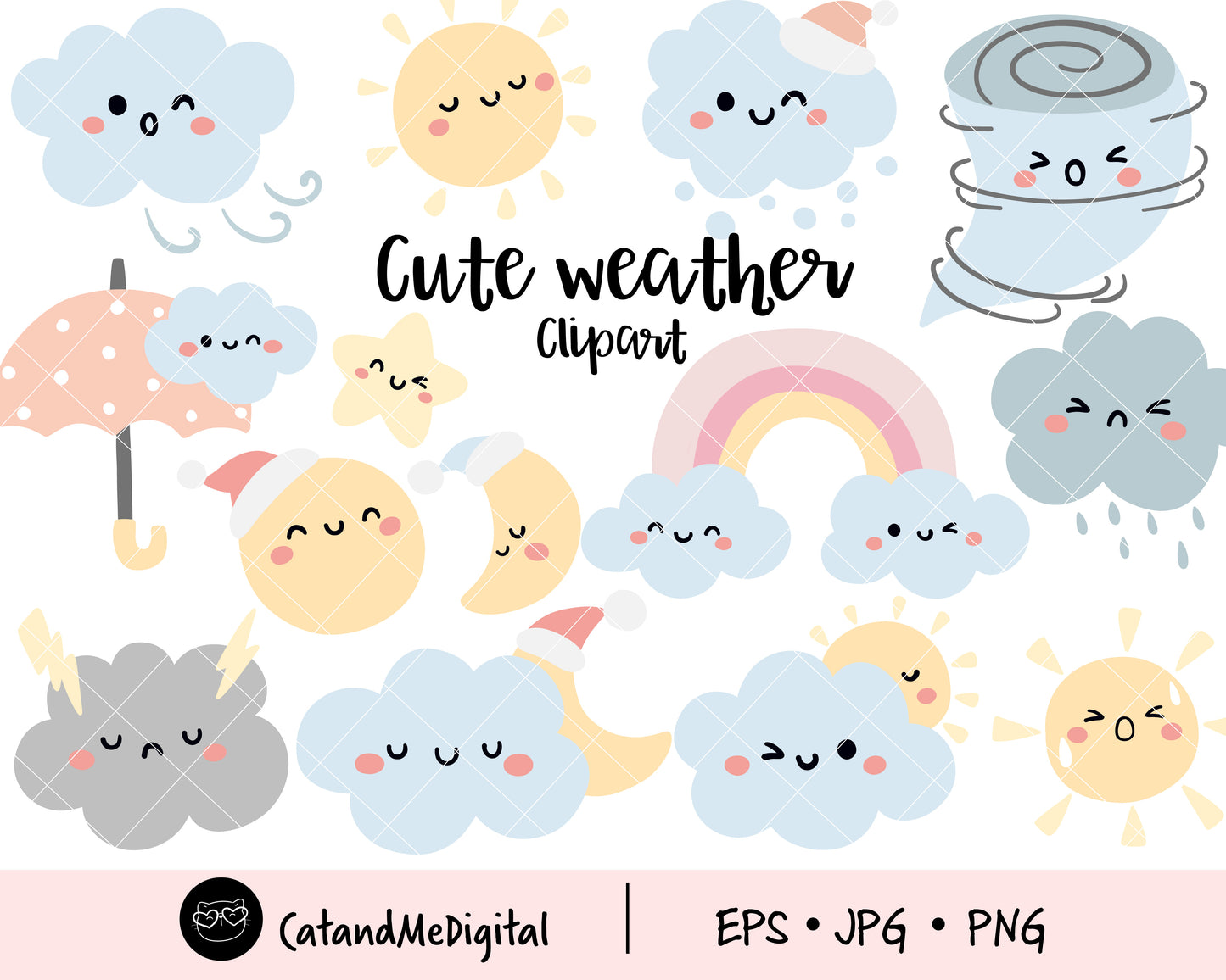 Cute weather clipart Nursery decor Kawaii weather Baby shower Clouds Sun Moon