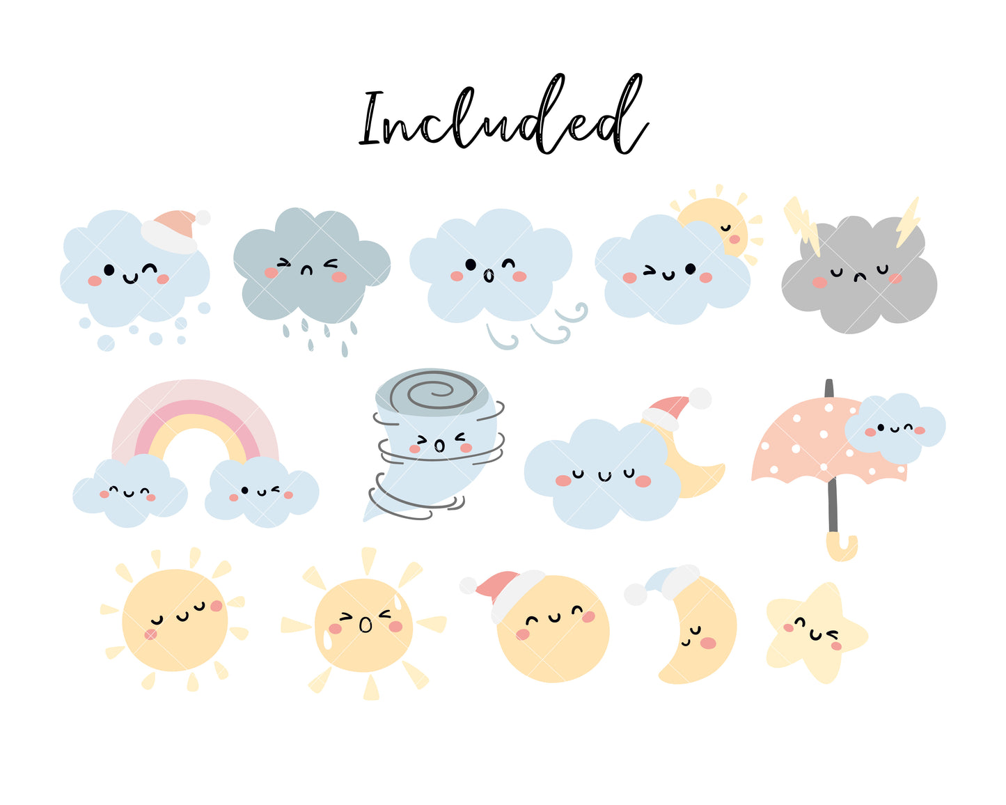 Cute weather clipart Nursery decor Kawaii weather Baby shower Clouds Sun Moon