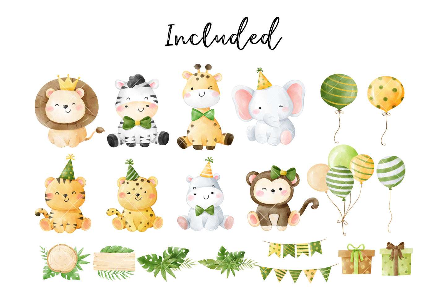 Watercolor Safari Party Cartoon Clipart