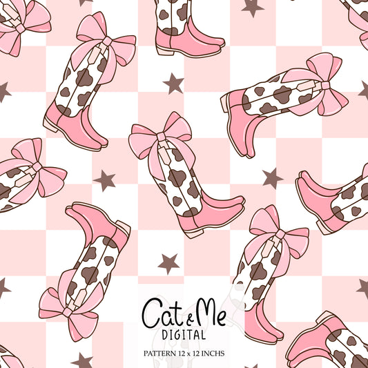 Pink coquette cowgirl Checkerboard boots pattern