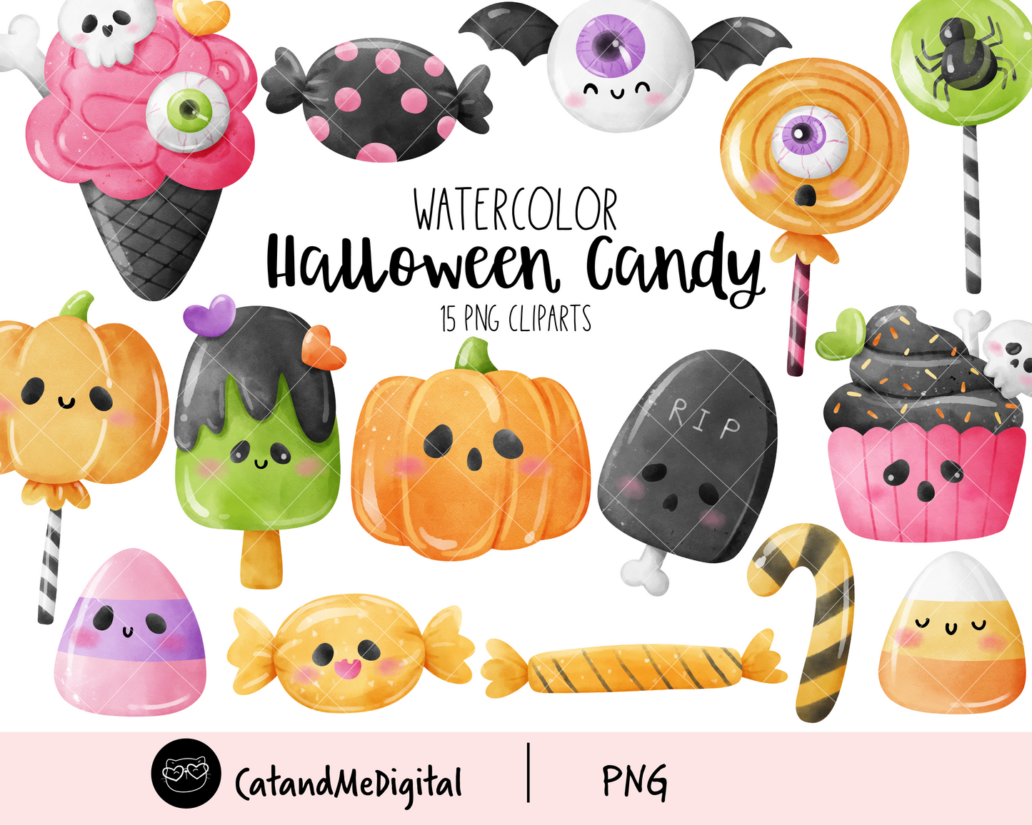 Watercolor halloween candy clipart Pumpkins Skulls Cupcake Ice cream png