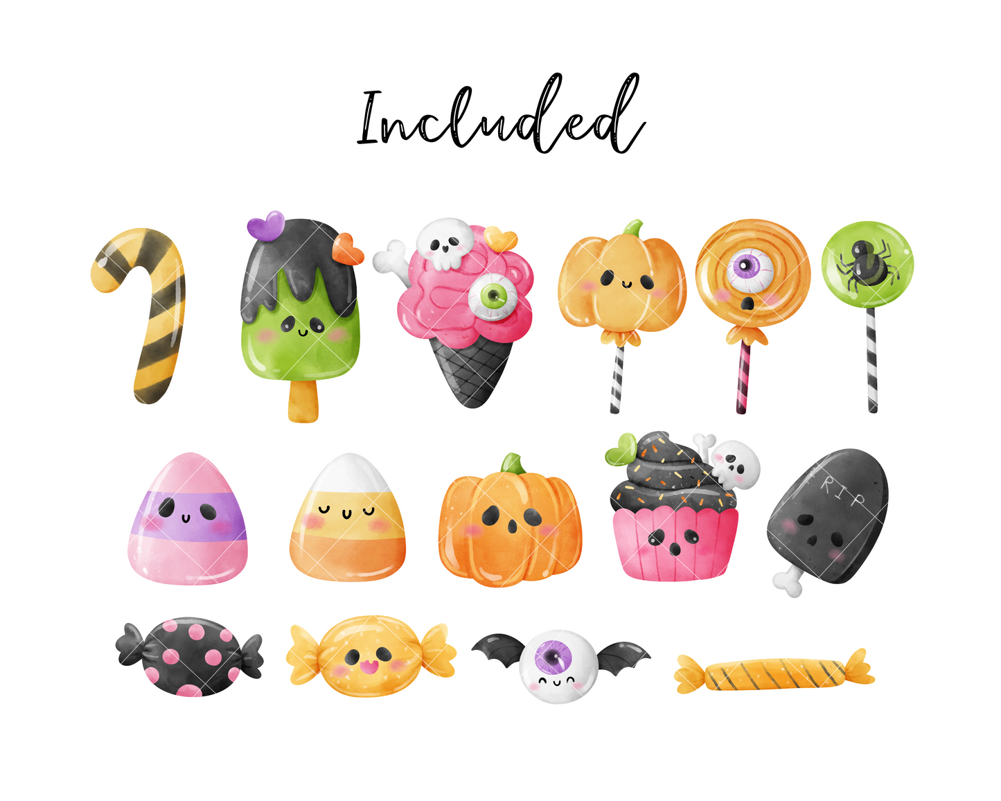 Watercolor halloween candy clipart Pumpkins Skulls Cupcake Ice cream png