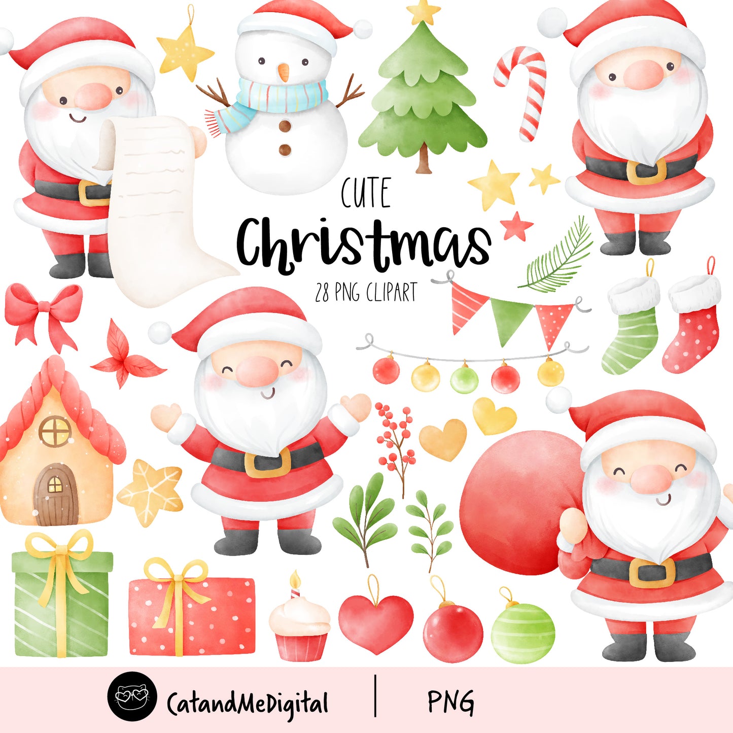 Watercolor christmas clipart Winter clipart Holiday clipart Christmas tree, Santa, Holly, Christmas element bundle png