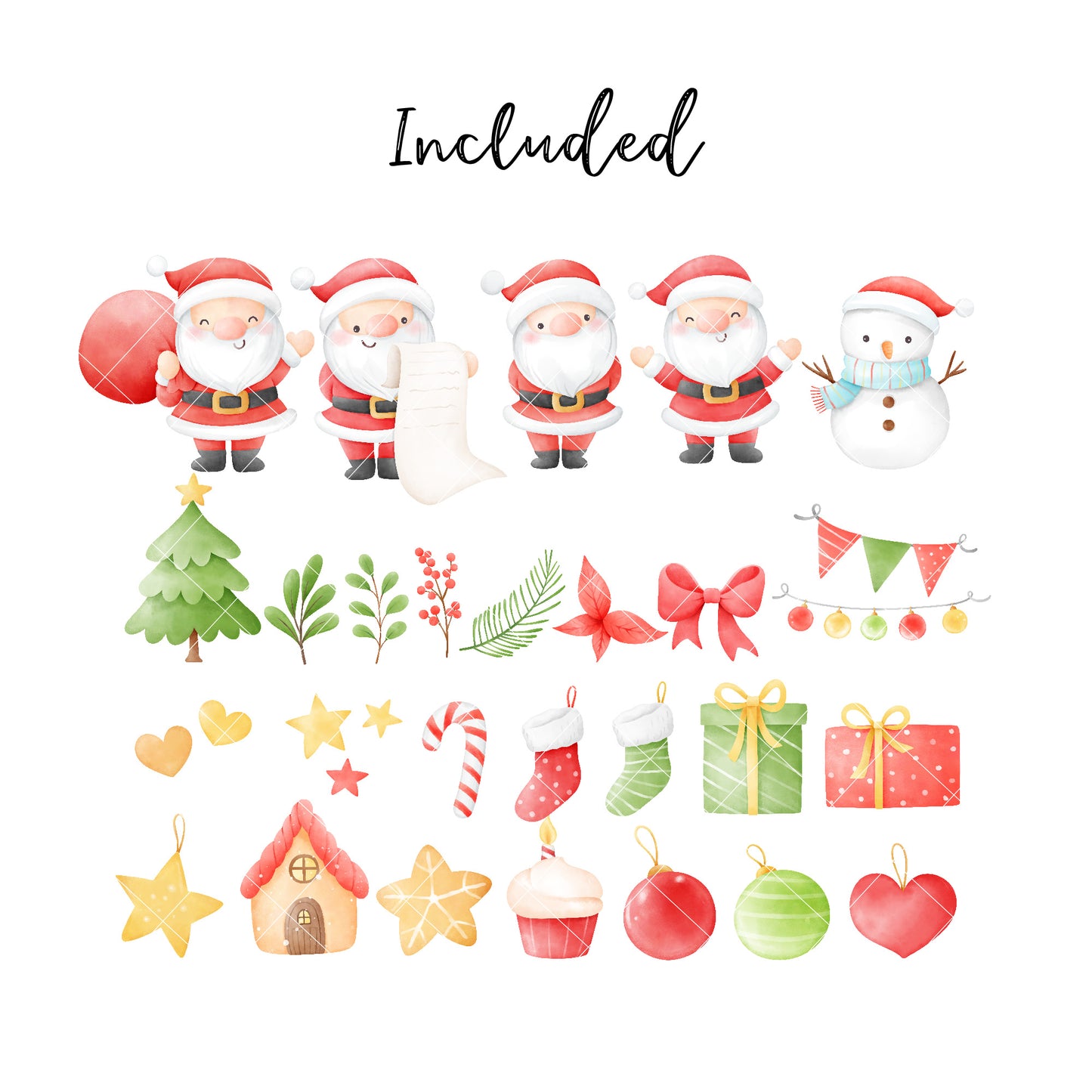 Watercolor christmas clipart Winter clipart Holiday clipart Christmas tree, Santa, Holly, Christmas element bundle png