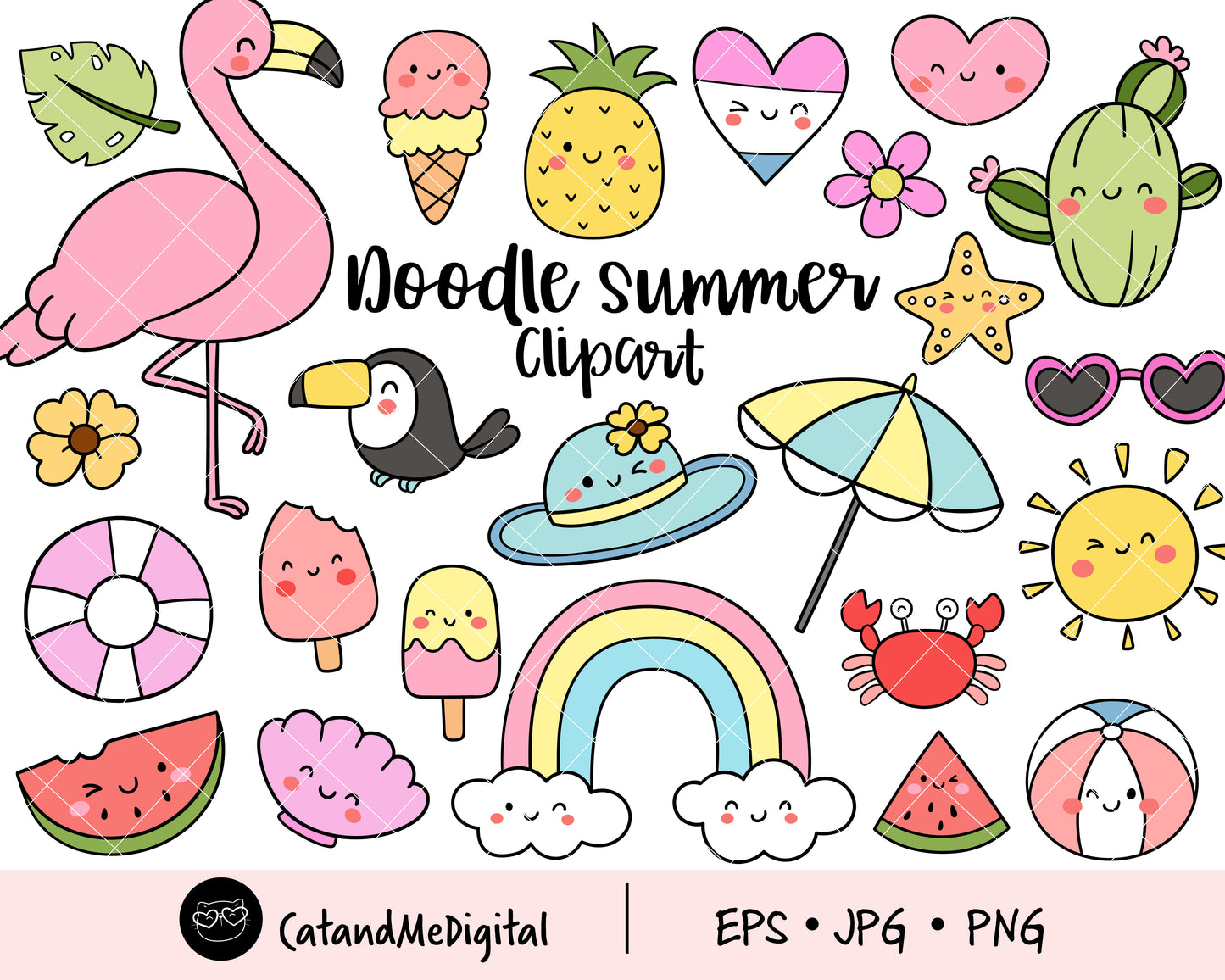 Doodle Summer Flamingo Sun Ice Cream Clipart