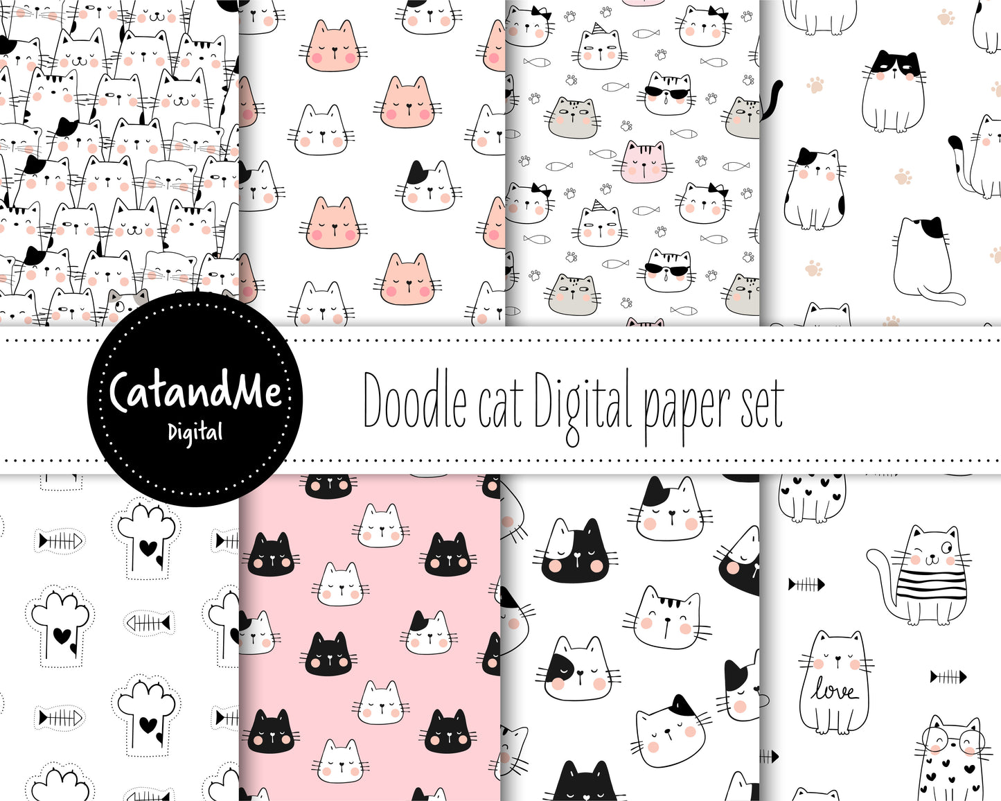 Doodle cat Digital paper set