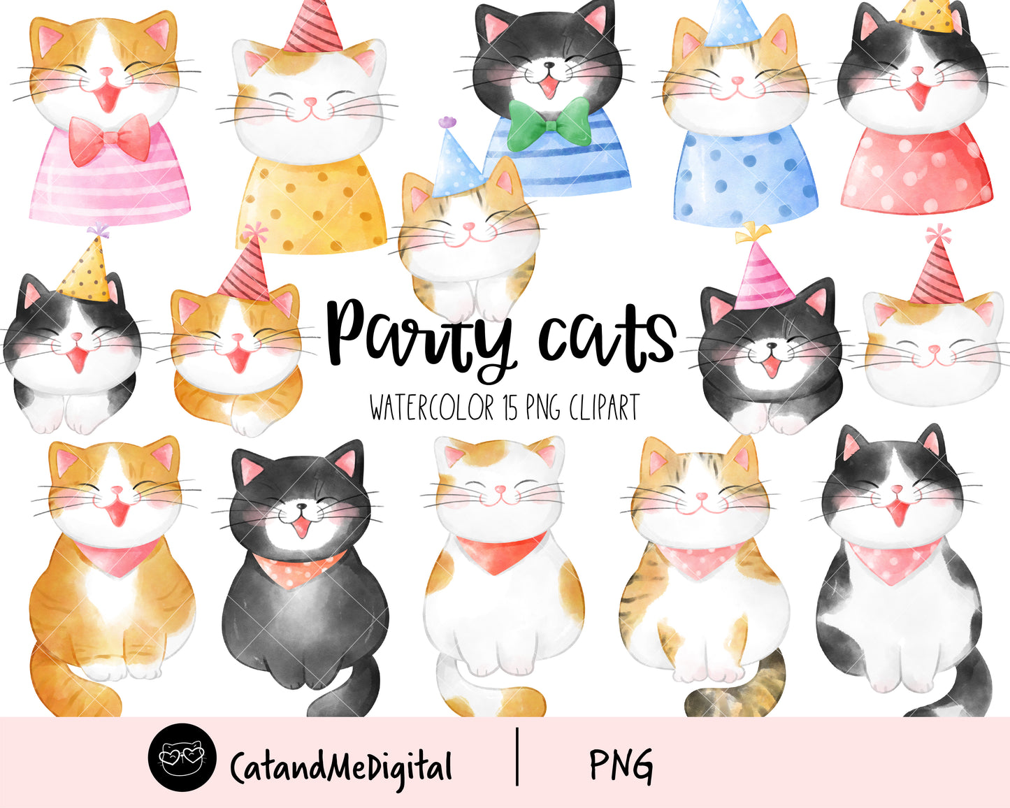 Watercolor party cat clipart