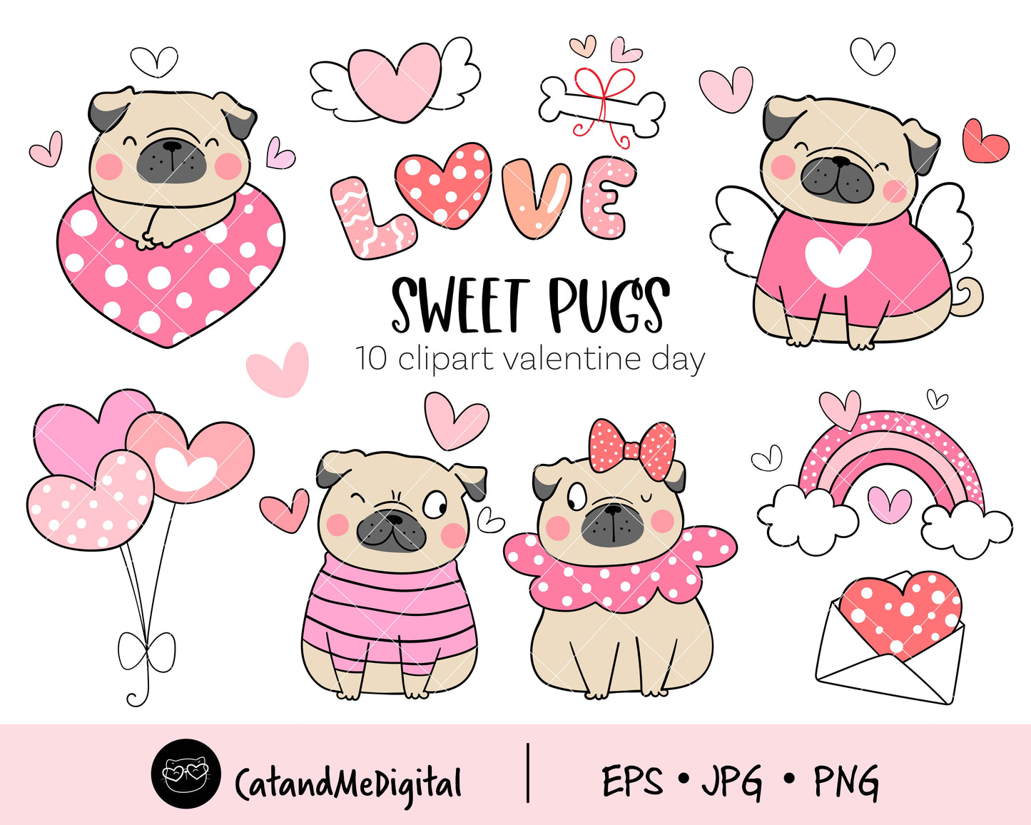 Sweet Pugs Valentine Clipart