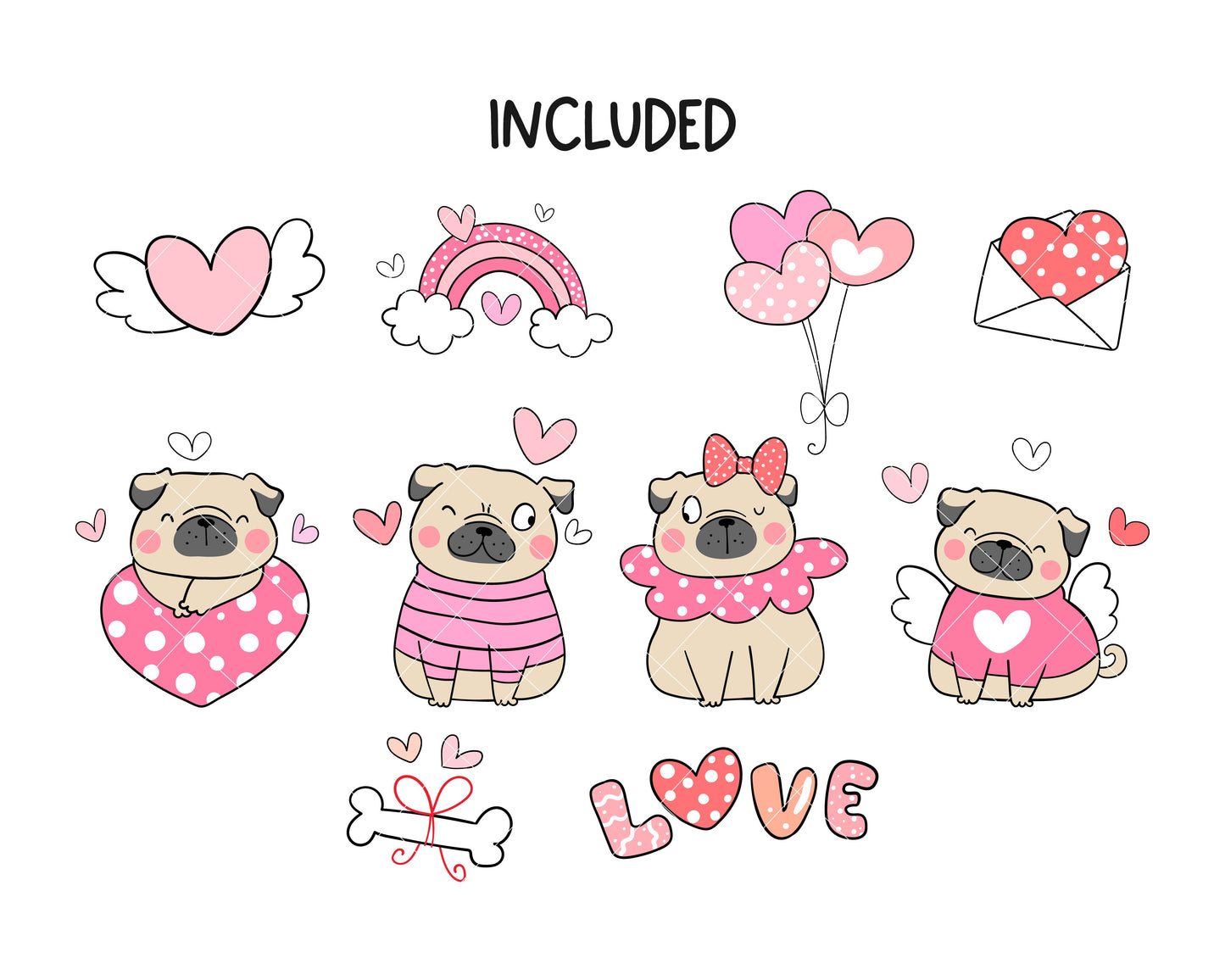 Sweet Pugs Valentine Clipart