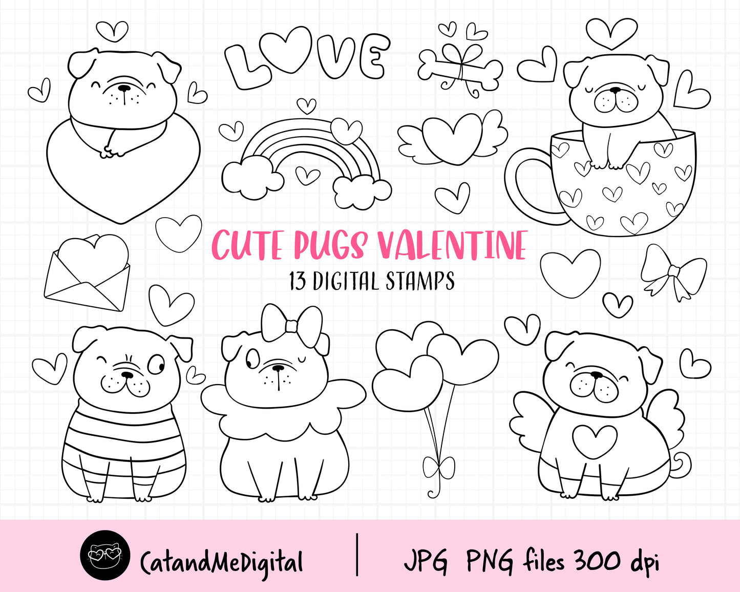 Valentine Pug Dog Digital Stamp