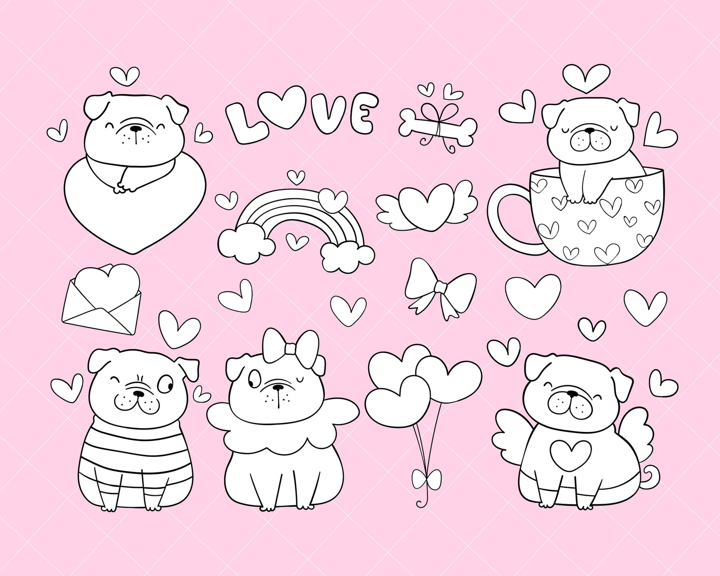 Valentine Pug Dog Digital Stamp