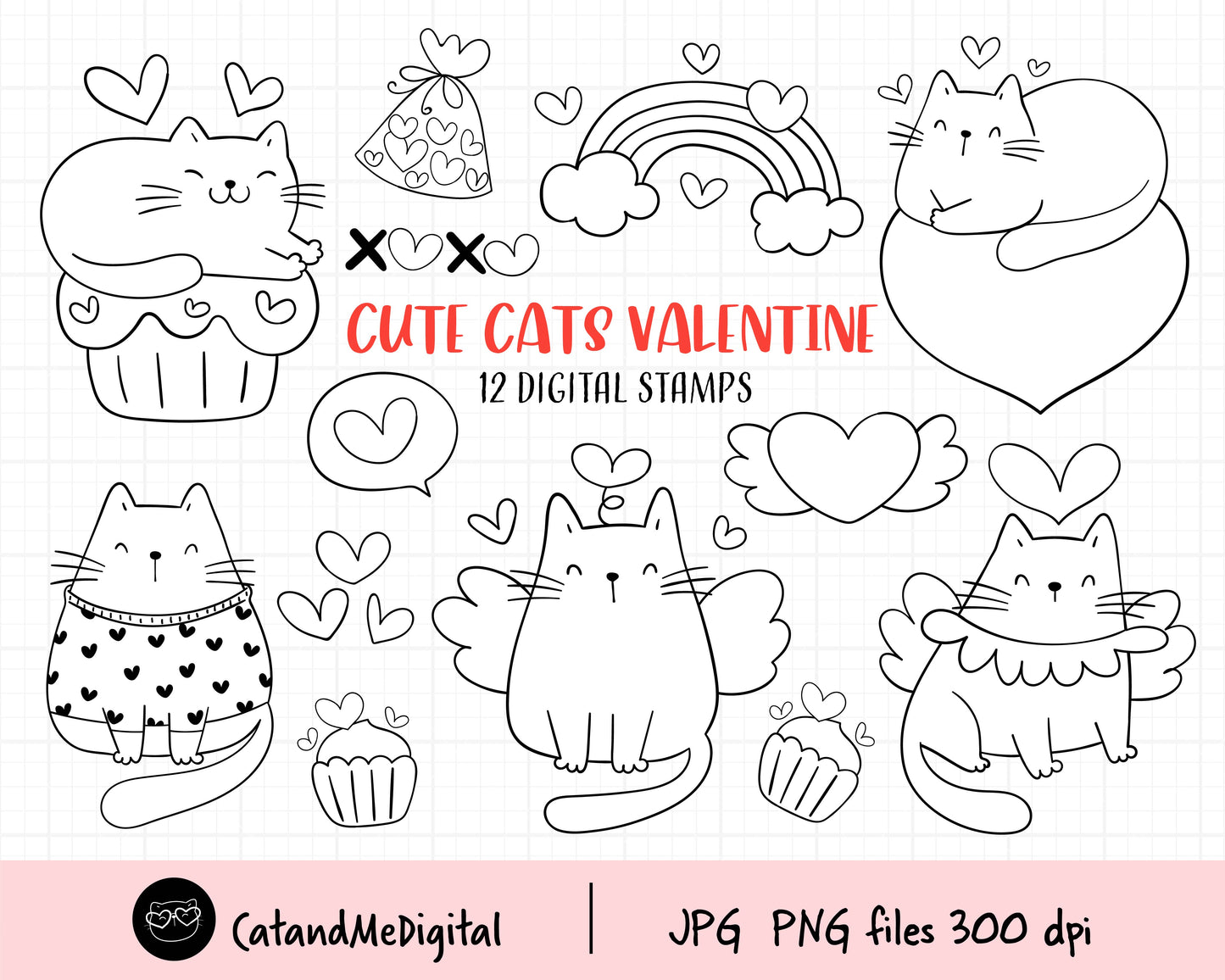 Valentine cat Digital Stamp Clipart