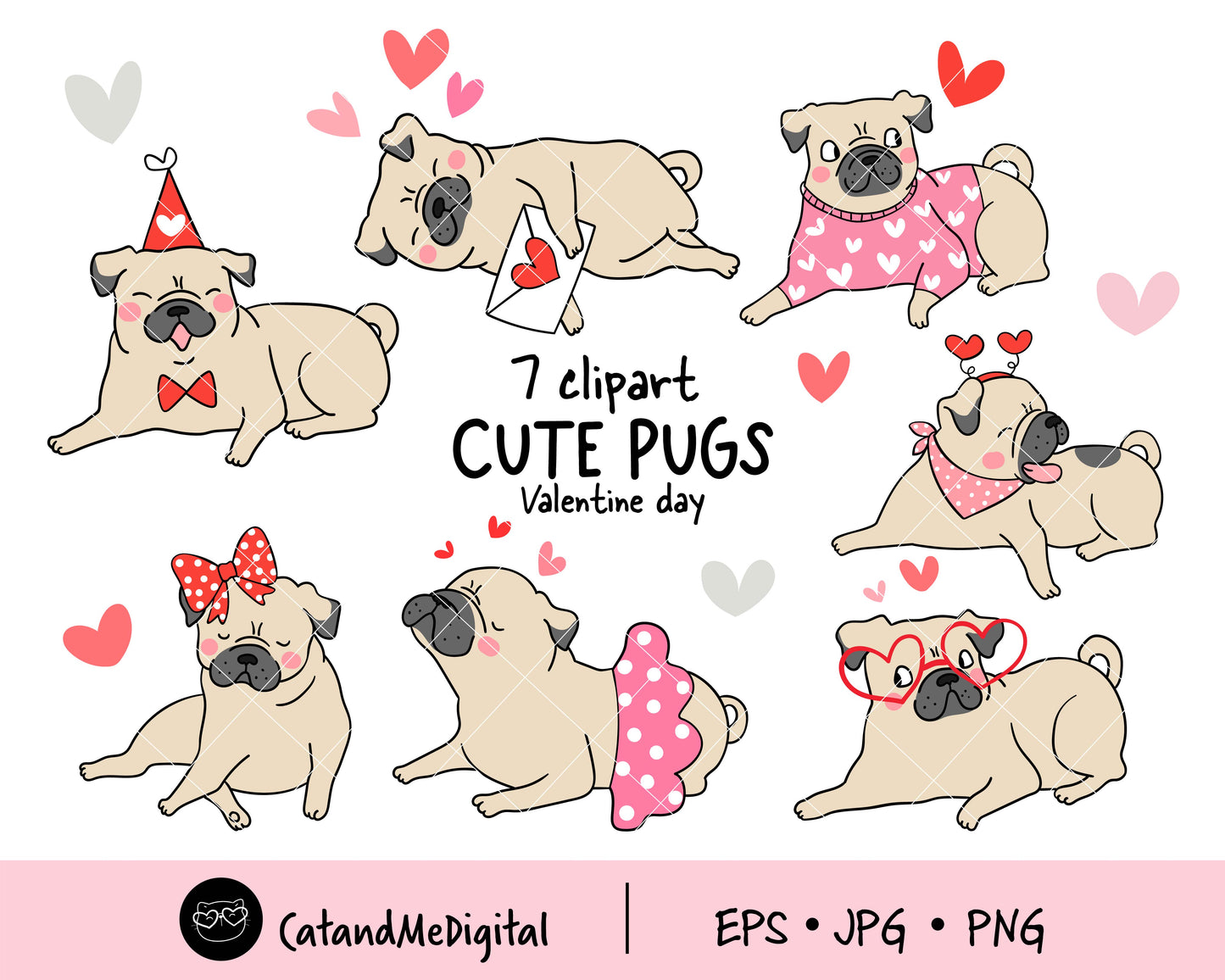 Valentine pug dogs clipart