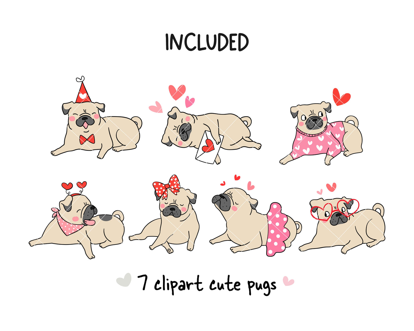 Valentine pug dogs clipart