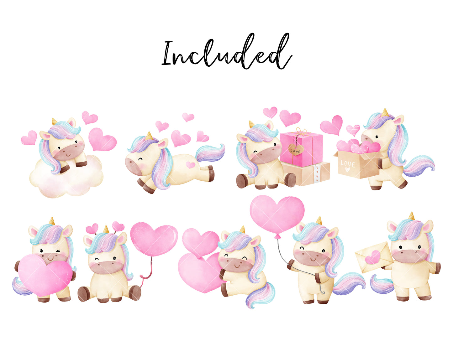Unicorn valentine watercolor clipart
